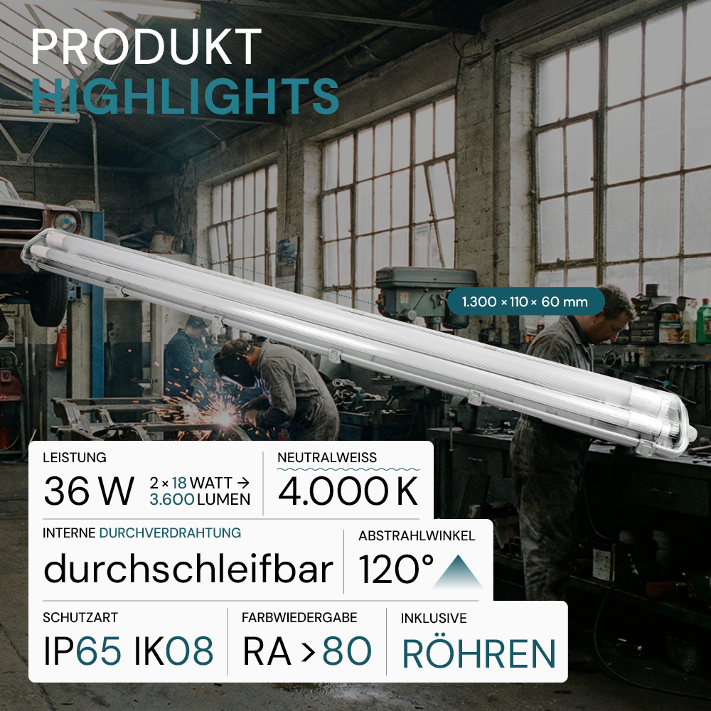 LED Wannenleuchte 120 cm, inkl 2x18W LED-Röhren T8, durchschleifbar, 4000K, IP65, IK08