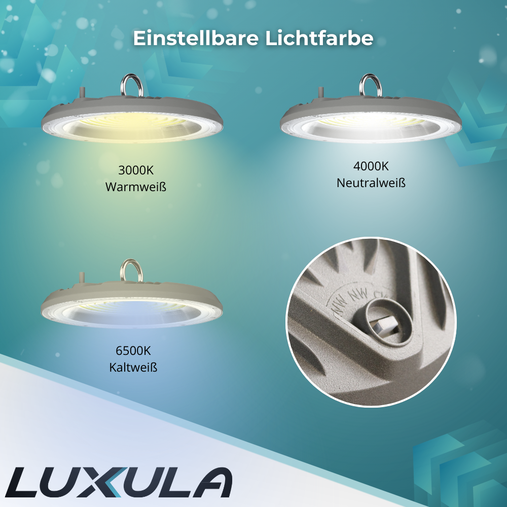 2er-Pack LED-Highbay, Hallenstrahler rund, grau, 100 W, 10000 lm, CCT 3000-6500 K (warm-, neutral-, kaltweiß), IP65.