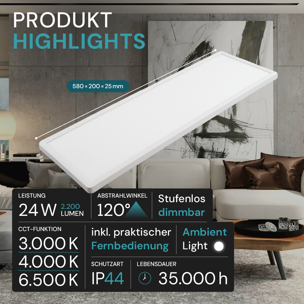 LED-Panel mit Fernbedienung, 58×20 cm, weiß, 24 W, 2200 lm, IP44 Wassergeschützt, Helligkeit und Lichtfarbe einstellbar