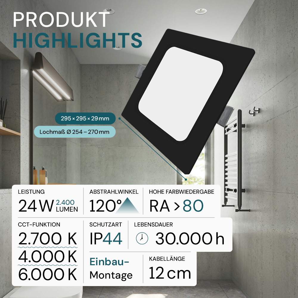 LED Einbauleuchte in Schwarz, 24 W, 230 V, IP44-geschützt, 2400 lm, Lichtfarbe einstellbar, 295x29 mm, Einbaustrahler mit Diffusor, Badezimmer Deckenleuchte