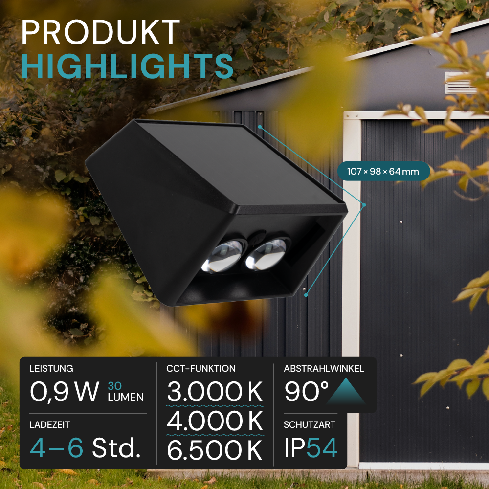 Solar LED Wandleuchte Außen, Up/Down, 2-flammig, 3 Lichtfarben einstellbar (CCT), IP54-wasserdicht, mit Akku, lange Leuchtdauer, Gartenleuchte