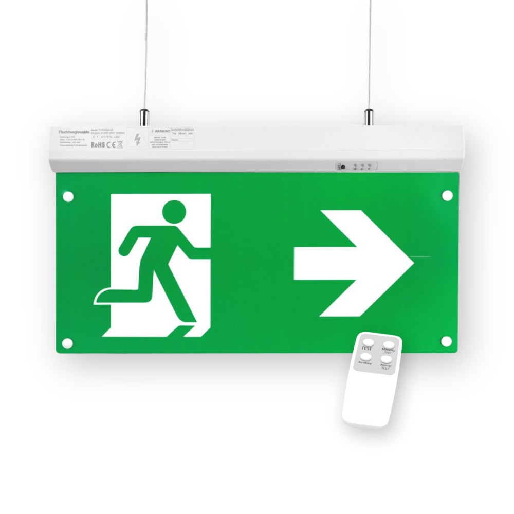LED-Fluchtwegleuchte 4in1 mit Fernbedienung, Notausgang mit Notstromeinheit, TEST-Funktion, Decken- und Wandmontage.