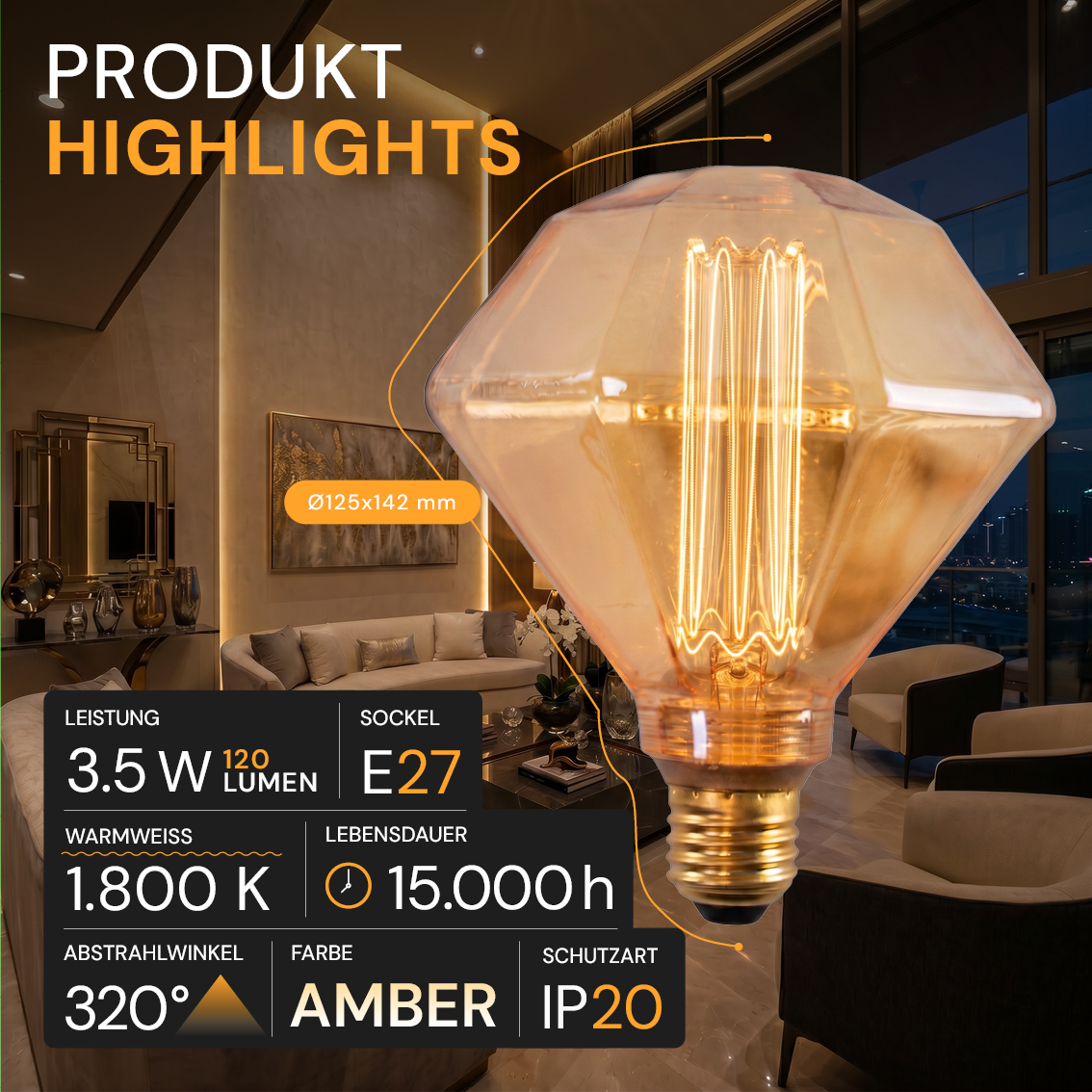 LED Filament Leuchtmittel, DIAMANT, AMBER, D125L, E27, 3.5 W, 120lm, 1800K, dimmbar.
