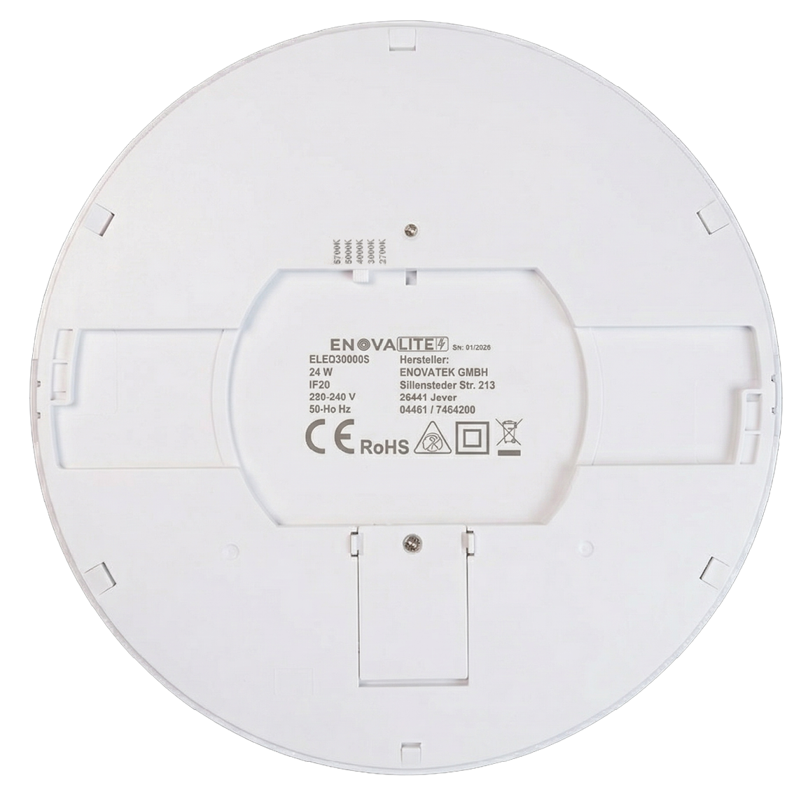 LED CCT Panel, Ein-/Aufbau, 24 W, 2400 lm, Ø290 mm, 5CCT (2700 K– 5700 K), Lochdurchm. variabel, Anschlussbox.