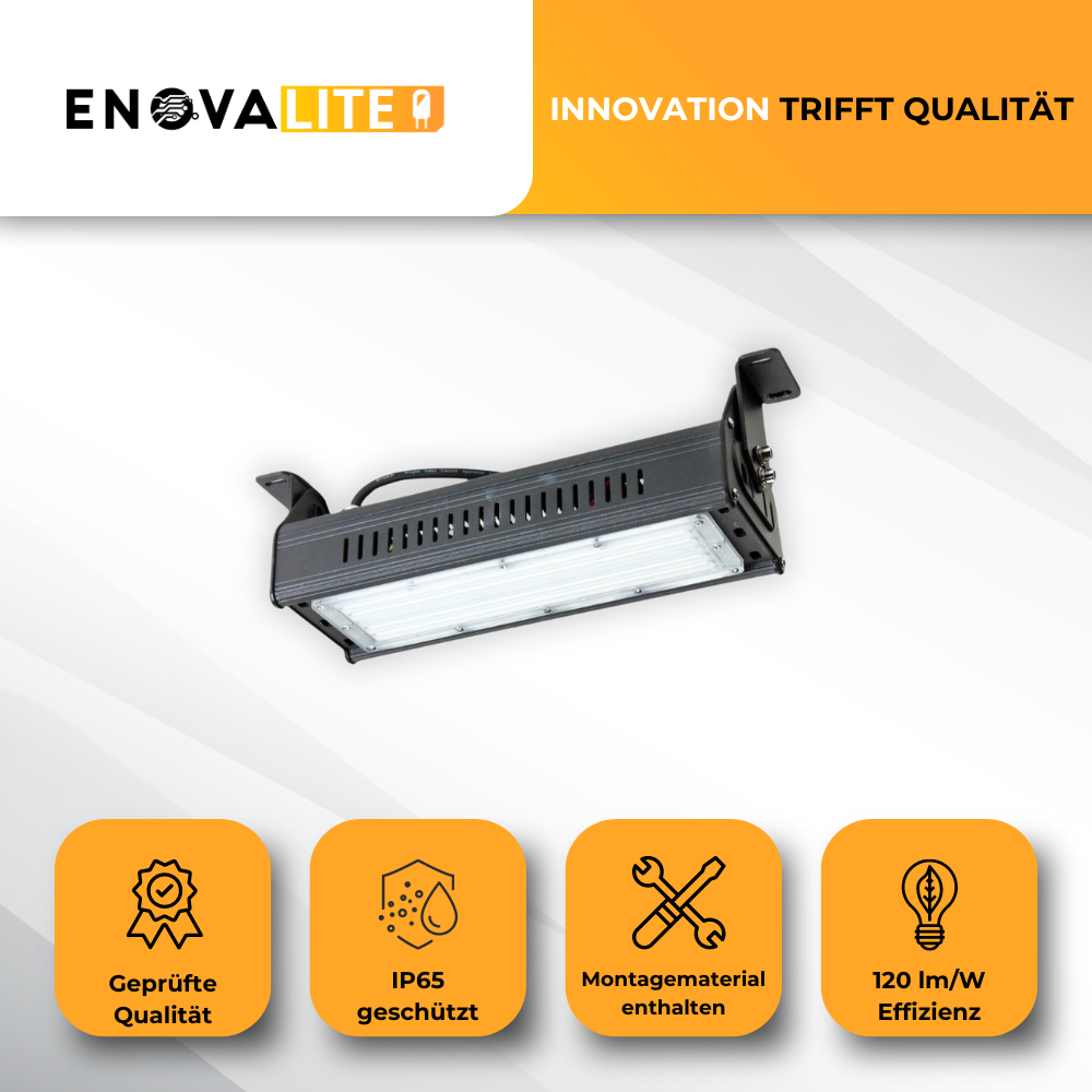 2er Pack LED-Hallenleuchte, linear, 50 W, 6000 lm, 5000 K (neutralweiß), IP65, ENEC-Zertifizierung, schwarz.