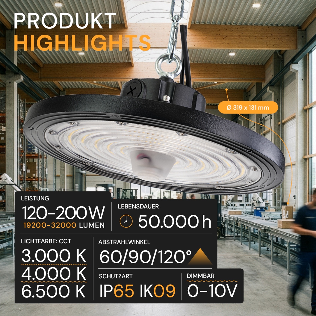 LED HighBay UFO, 200 W, 32000 lm, CCT (warm-/neutral-/kaltweiß)