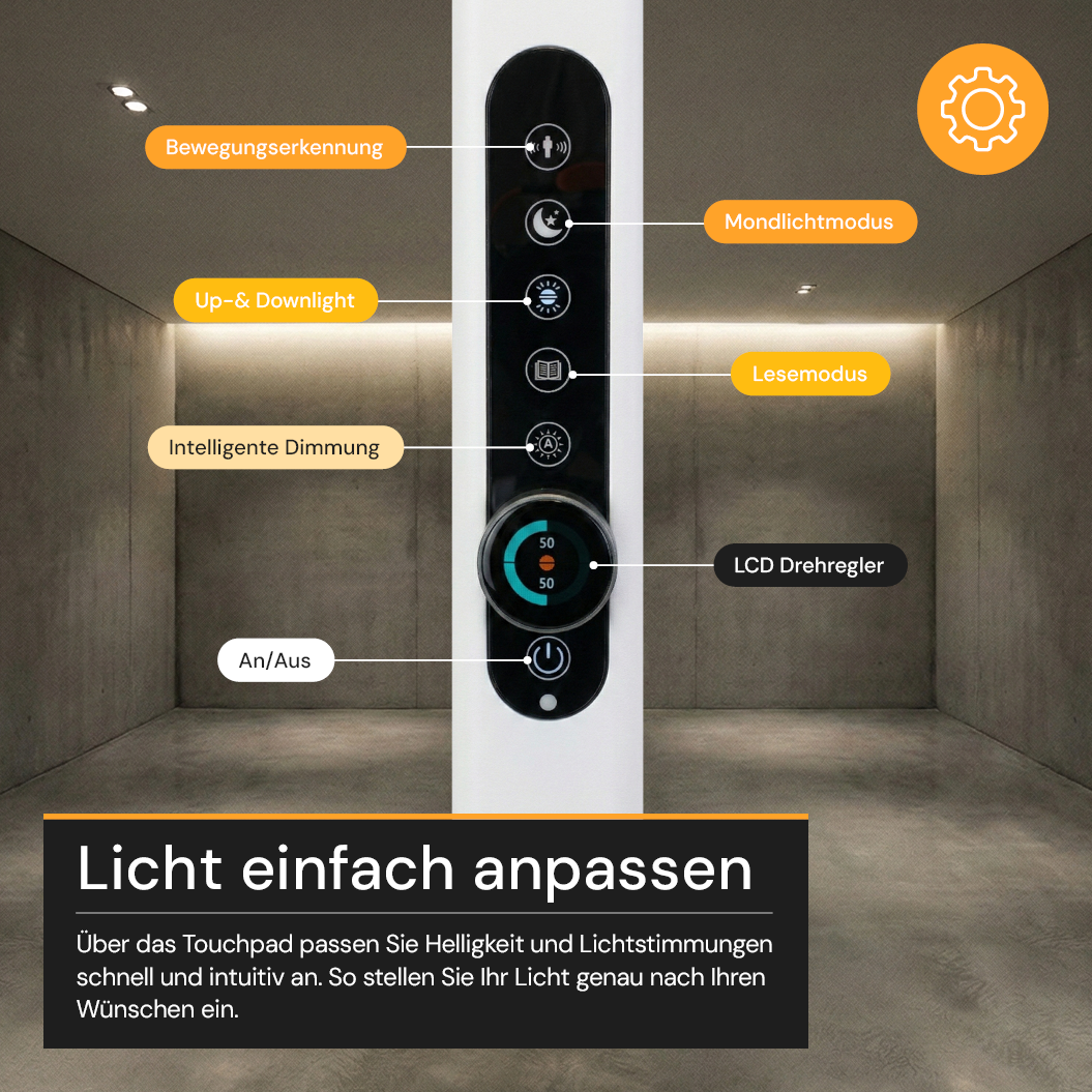 LED Büro-Stehleuchte Up&Down mit Sensor, 150W, 11.000lm, 4000K, UGR<16, CRI>98, dimmbar, weiß