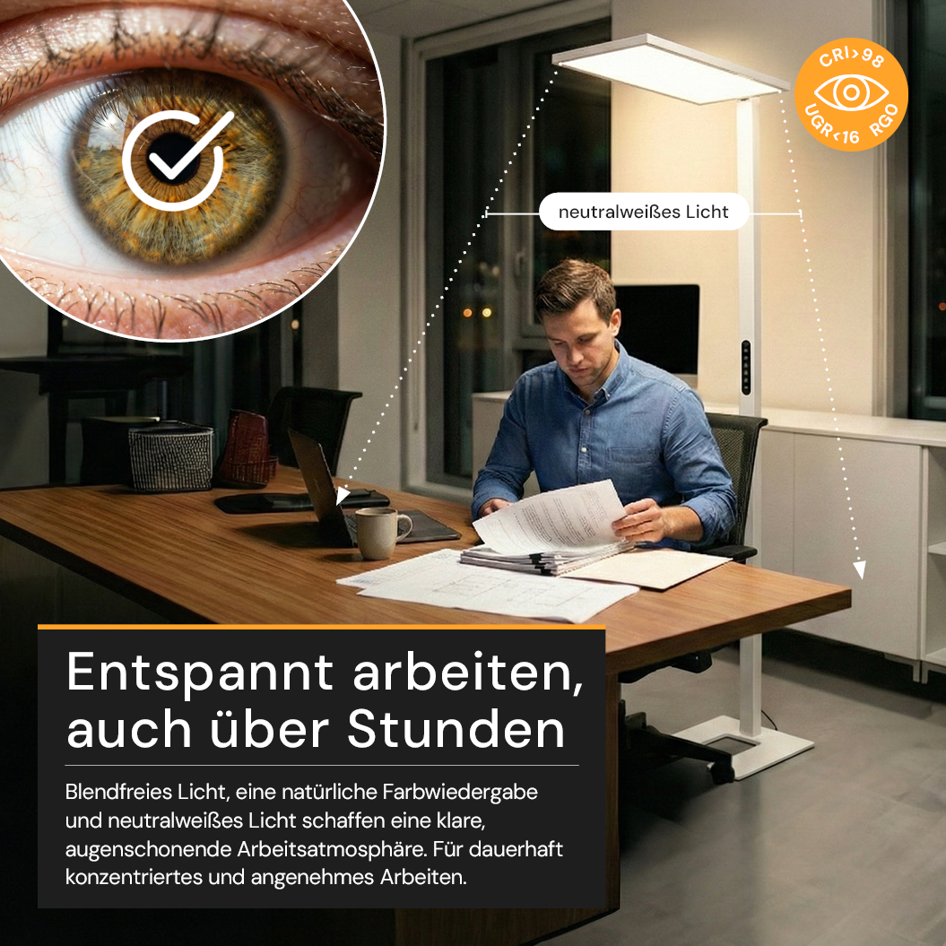 LED Büro-Stehleuchte Up&Down mit Sensor, 150W, 11.000lm, 4000K, UGR<16, CRI>98, dimmbar, weiß