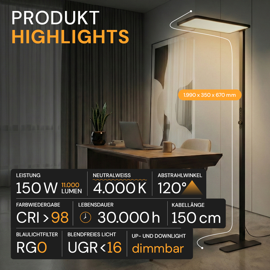 LED Büro-Stehleuchte Up&Down mit Sensor, 150W, 11.000lm, 4000K, UGR<16, CRI>98, dimmbar, schwarz
