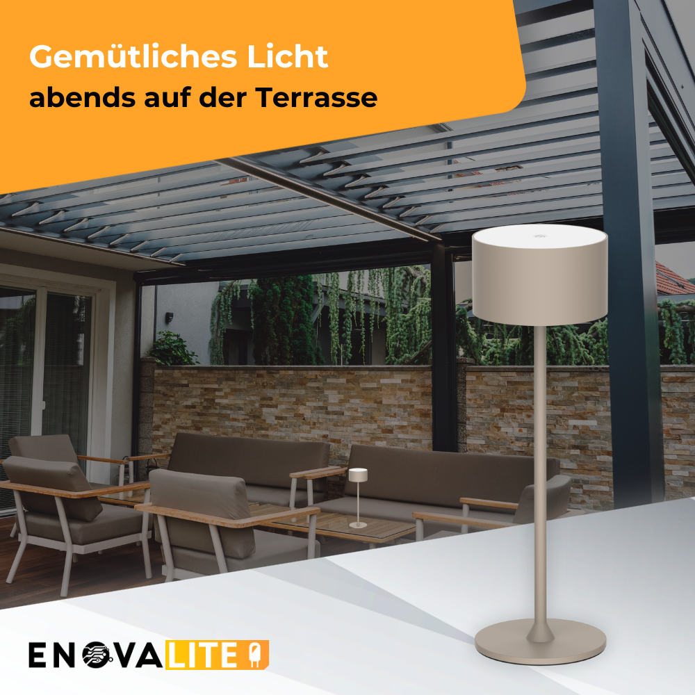 LED-Tischleuchte mit Akku, Up- & Downlight, Dimm- & CCT-Funktion, sandfarben, wiederaufladbar, Innen und Außenbereich, IP44, USB-C.