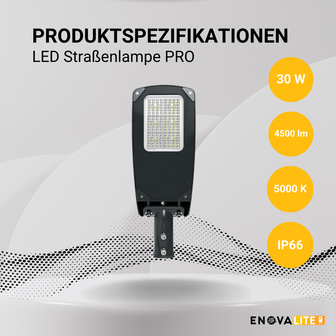 6er-Pack Profi LED-Straßenleuchte, 30 W, 4500 lm, 5000 K (neutralweiß), IP66, 0-10 V dimmbar.