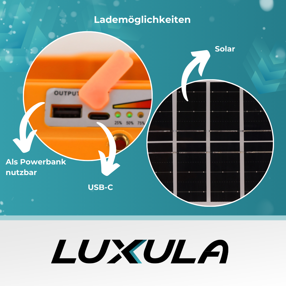 Solar Baustrahler mit Akku, CCT, 6 Std.Leuchtzeit, USB In- & Output, IP65, Magnet- & Hängefunktion.