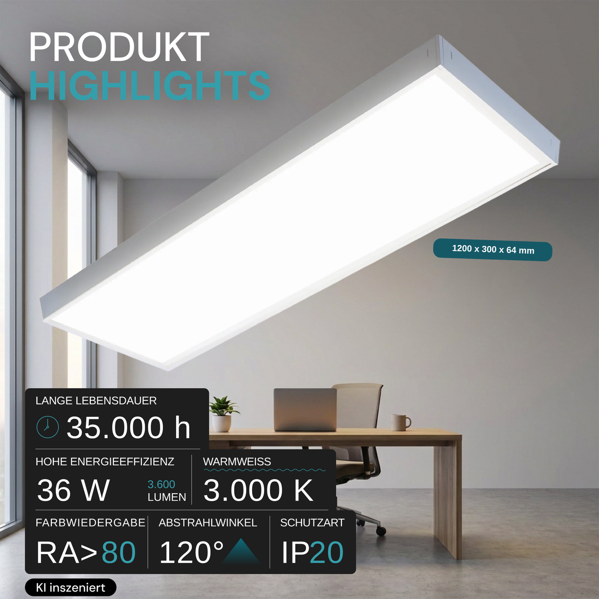 LED Panel, mit Montagerahmen, 120x30, 36W, 3600lm, 3000K, inkl Netzteil