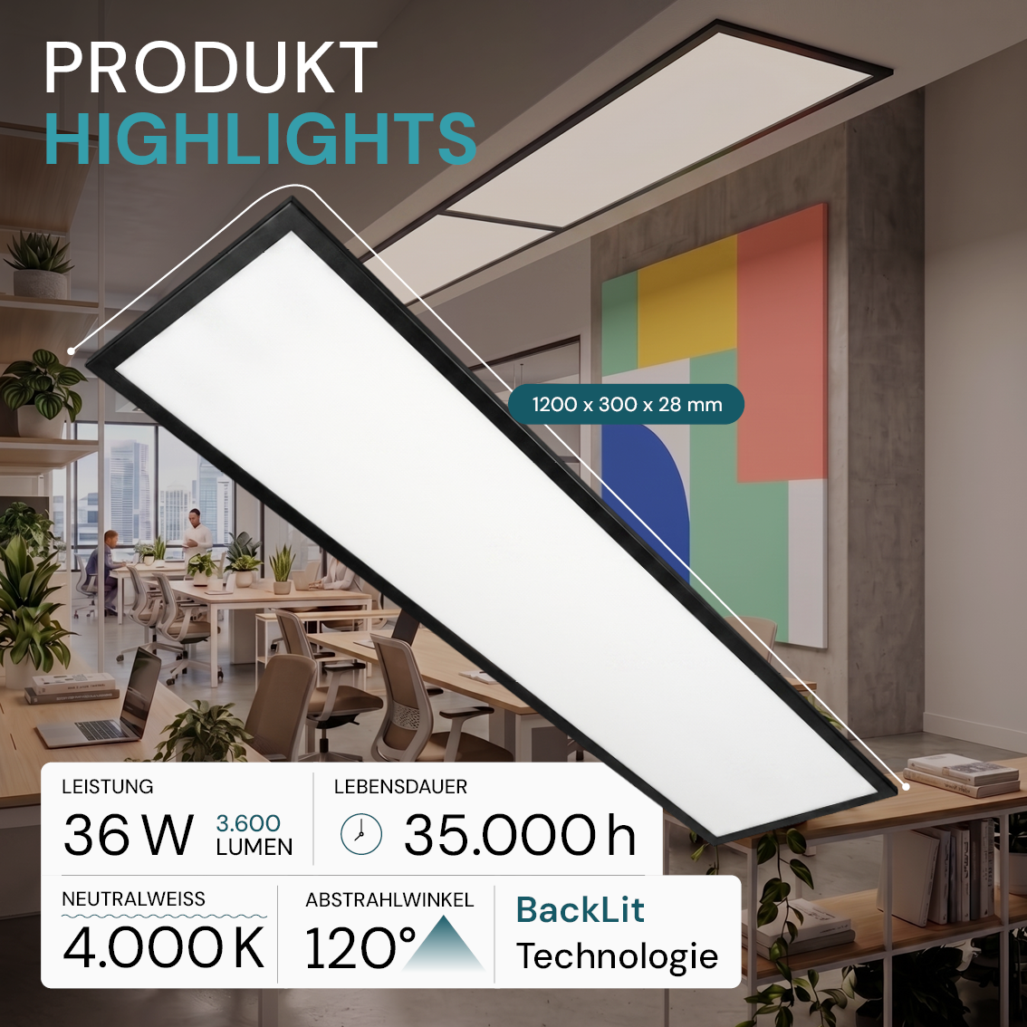 LED-Panel, Backlit, 120x30 cm, schwarz, 36W, 3600lm, 4000K.