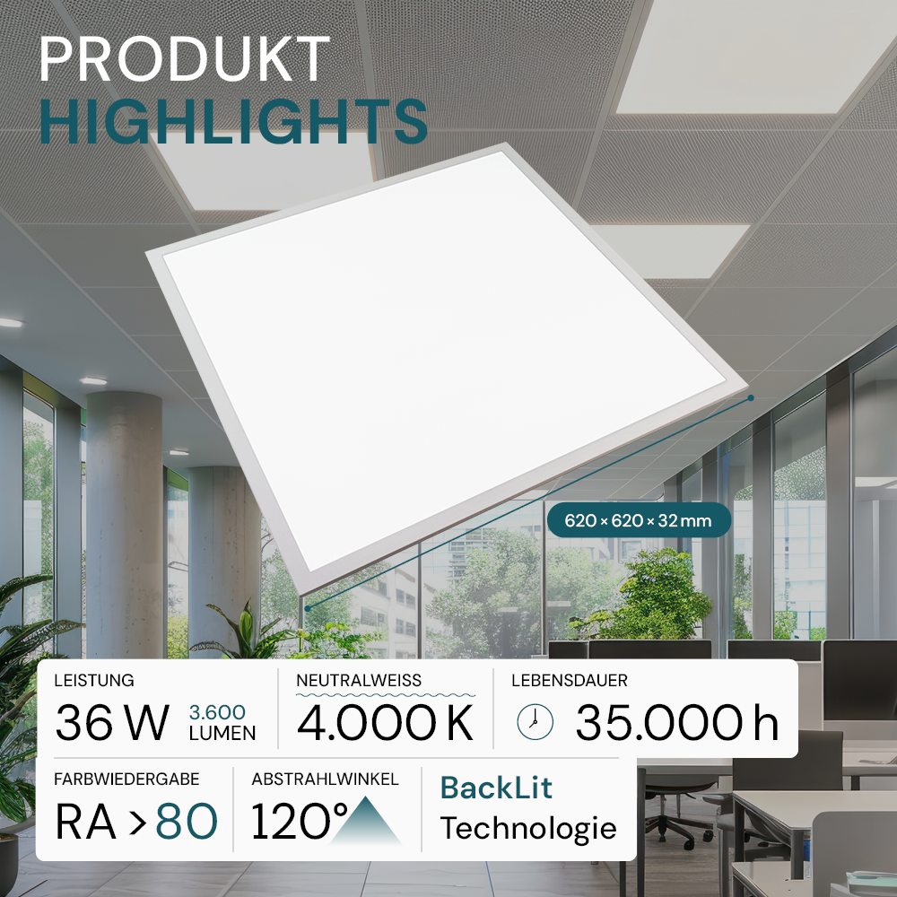 6er Pack LED-Panels, 62x62 cm, 4000 K, 36 W, 3600 lm, ECO Line