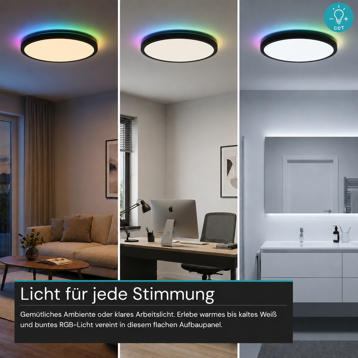 RGB Panel Up&Down, 15W, 1550lm, IP44, ø283x28mm, 3000-6500 K (CCT), dimmbar, schwarz