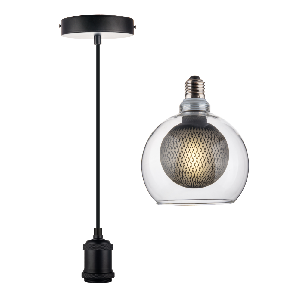 LED Filament Leuchtmittel BUBBLE MESH, inkl schwarzer E27-Fassung mit Textilkabel, 1,5m, 4W, 470lm, 2700K, dimmbar.
