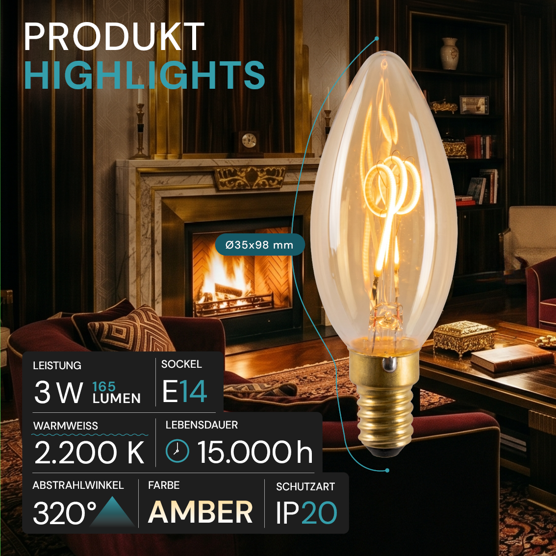LED Filament Leuchtmittel, Kerze, C35, E14, 3 W, 165 lm, 2200K, dimmbar.