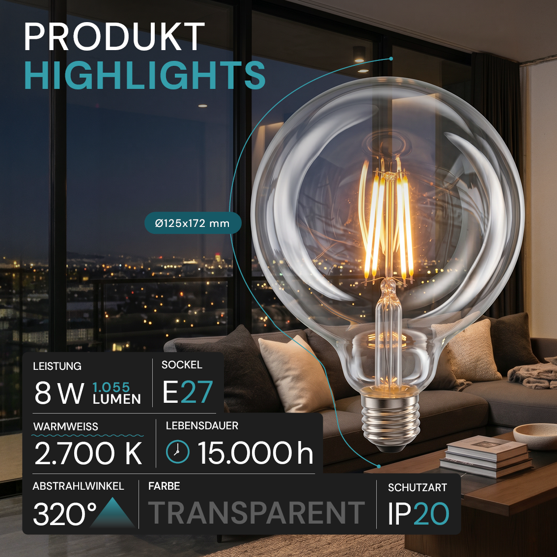 LED Filament Leuchtmittel, BULB, G125, E27, 8 W, 1055 lm, 2700 K, dimmbar