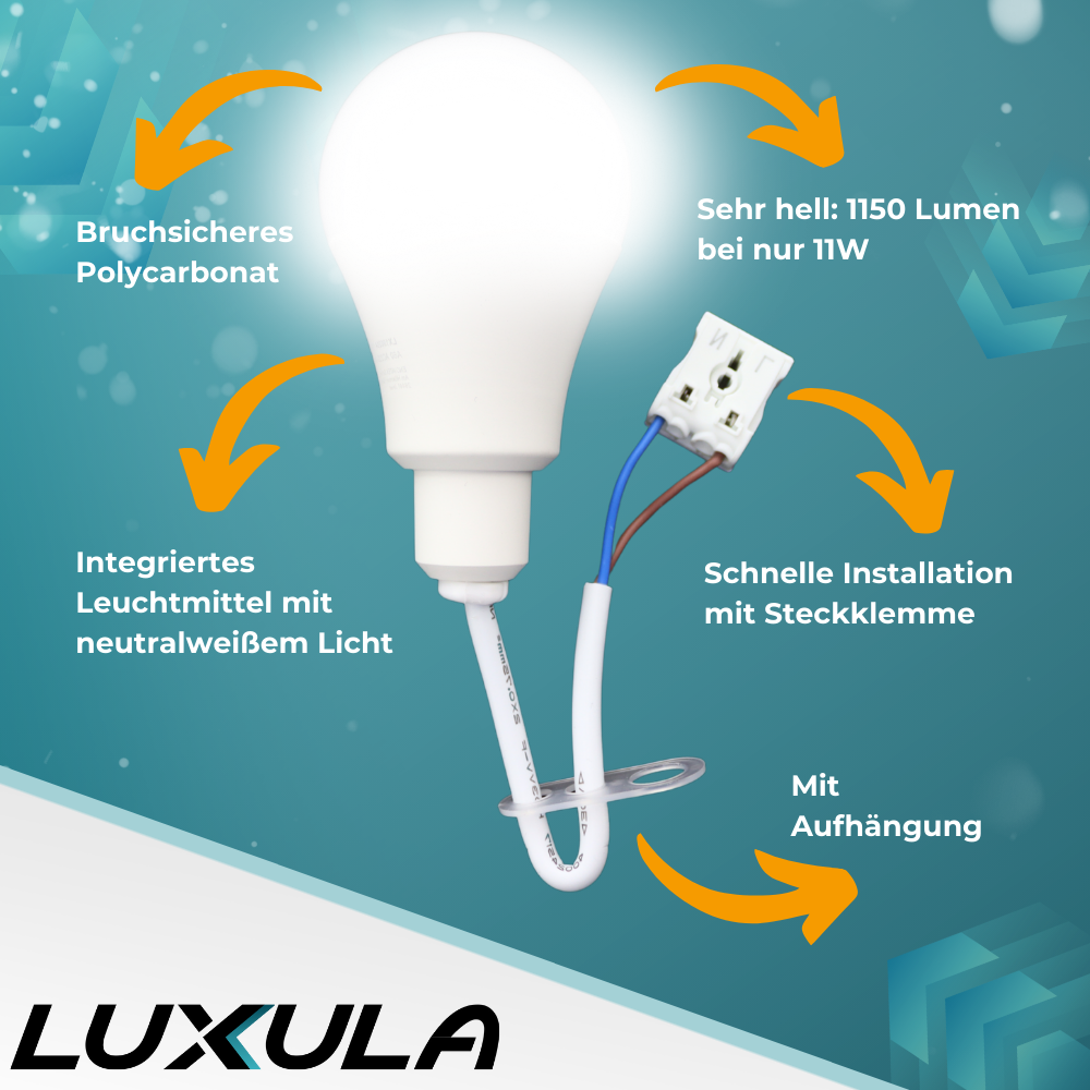 LED Renovierungslampe, 11W, 1150lm, 4000K, mit Kabel und Klemme.