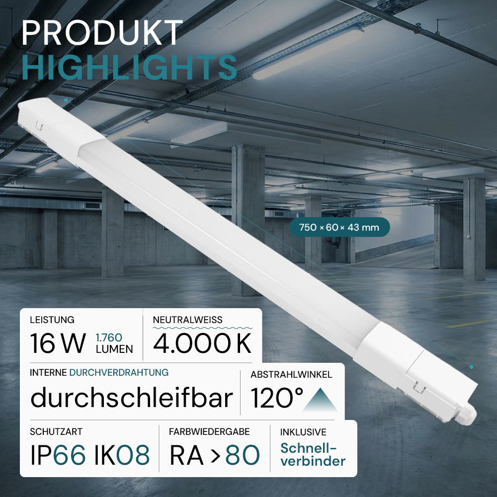 2er Pack LED Feuchtraumleuchte, 75 cm, 16 W, 1760 lm, 4000 K (neutralweiß), IP66, durchschleifbar, Fast Connector