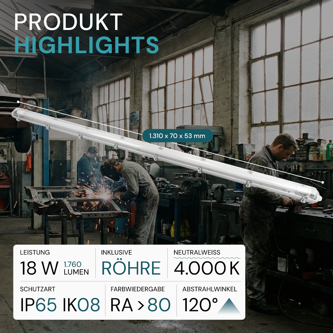 LED Wannenleuchte 120 cm, inkl 1x18W LED-Röhren T8, 4000K, IP65, IK08.