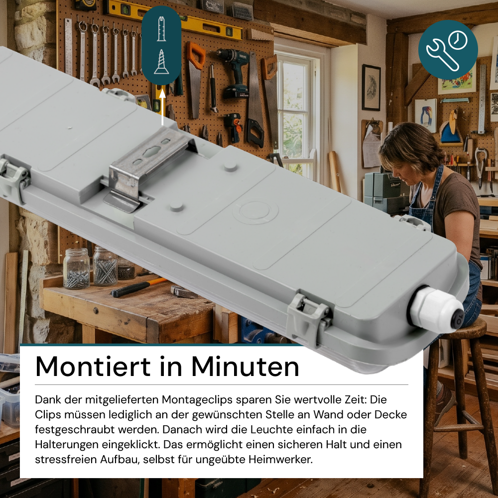 LED Wannenleuchte 60 cm, inkl 2 x 9W LED-Röhren T8,durchschleifbar, 4000K, IP65, IK08.