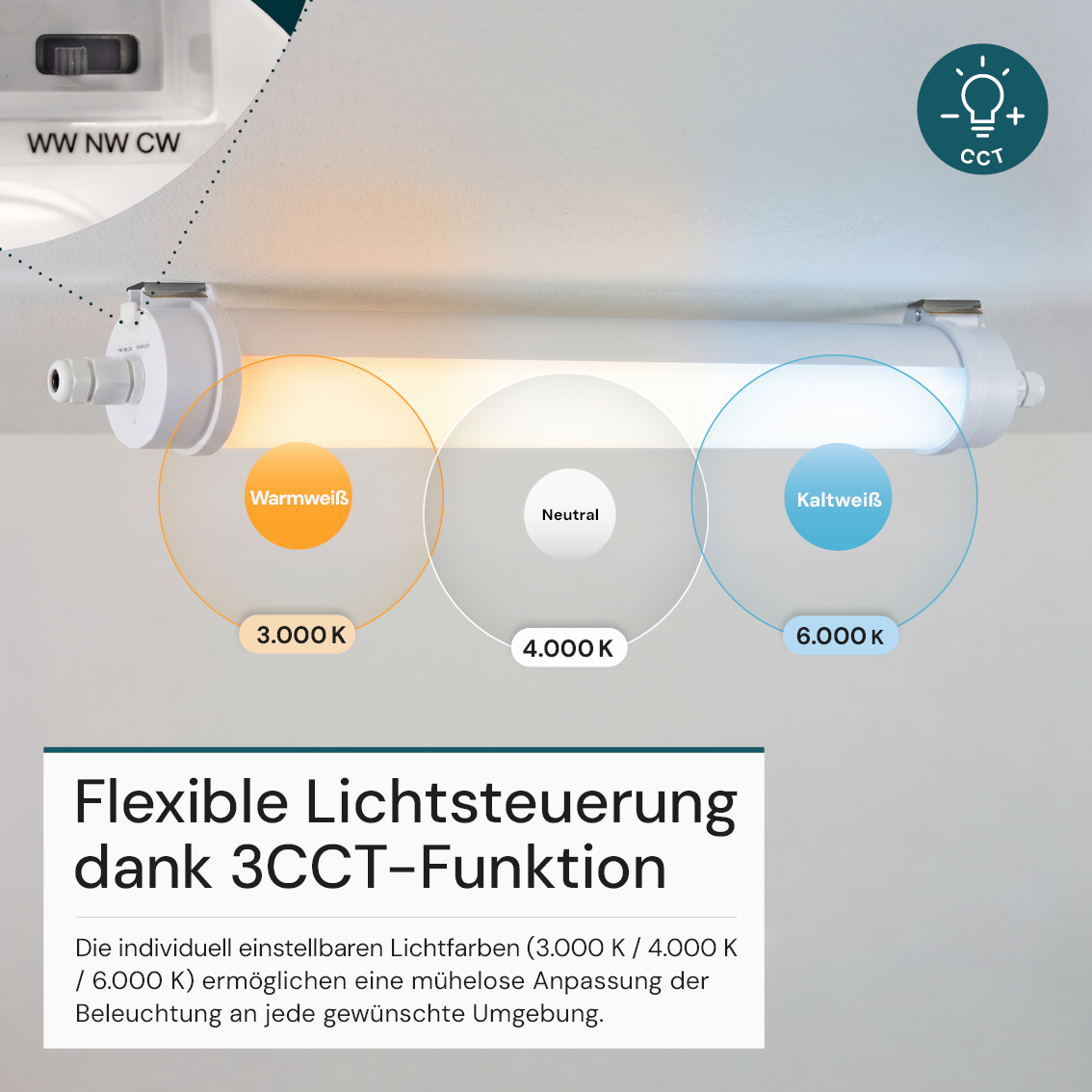 LED Feuchtraumleuchte, 60 cm, 20W-16W-12W einstellbar, max. 2447 lm, 3CCT,IP65, IK08, rund, durchschleifbar.