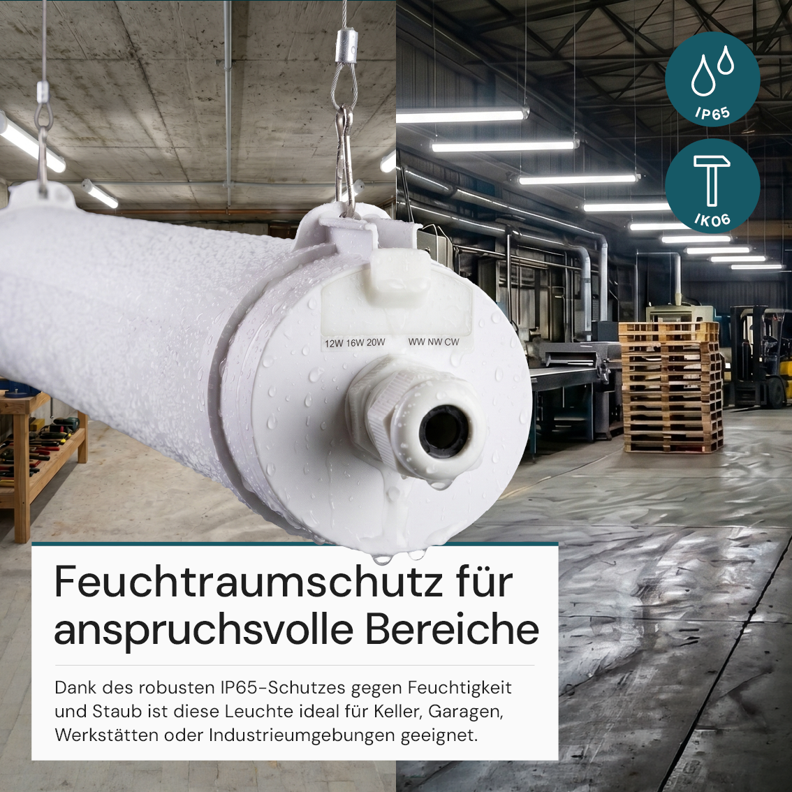 LED Feuchtraumleuchte, 60 cm, 20W-16W-12W einstellbar, max. 2447 lm, 3CCT,IP65, IK08, rund, durchschleifbar.