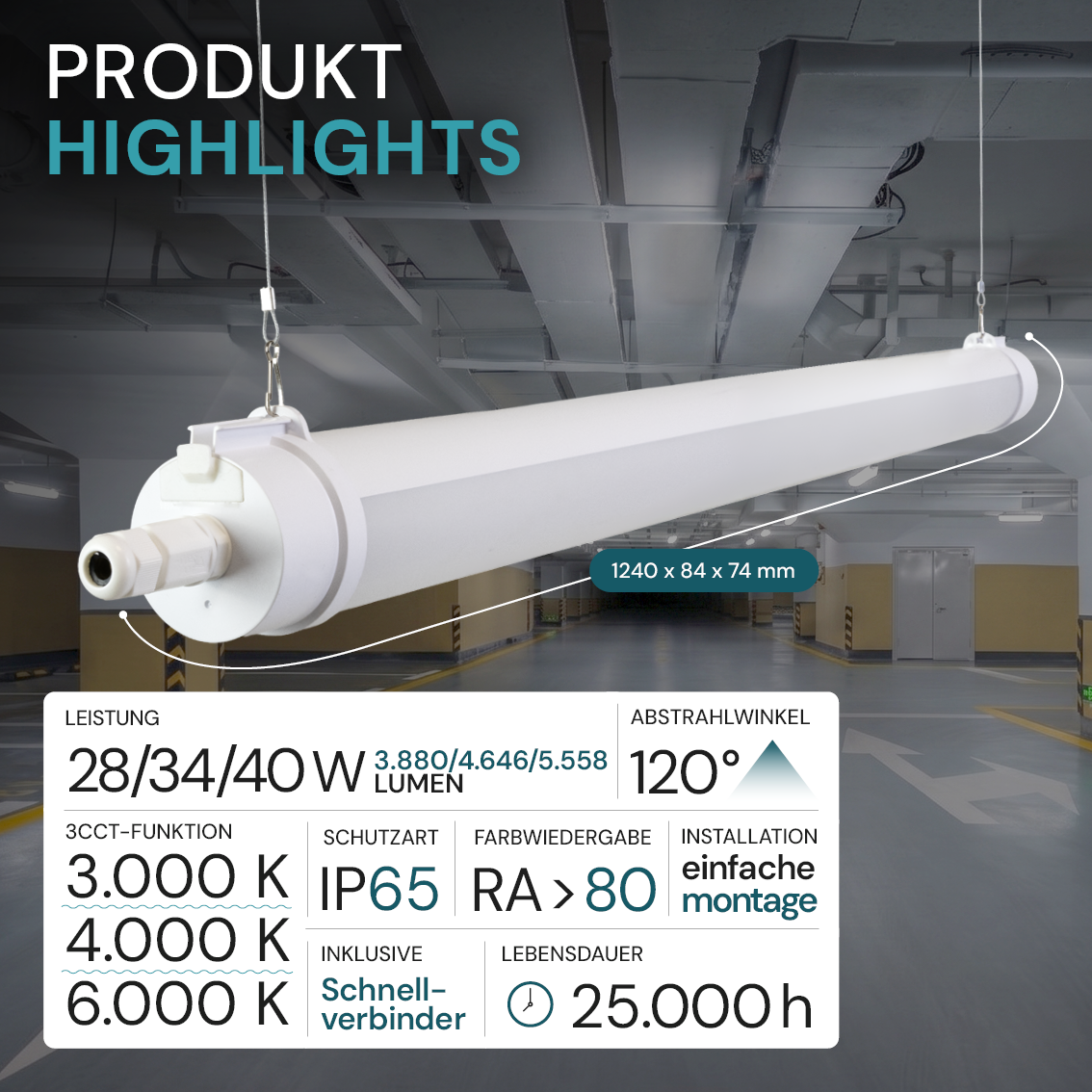 LED Feuchtraumleuchte, 120 cm, 40W-34W-28W einstellbar, max. 5558 lm, 3CCT,IP65, IK08, rund, durchschleifbar
