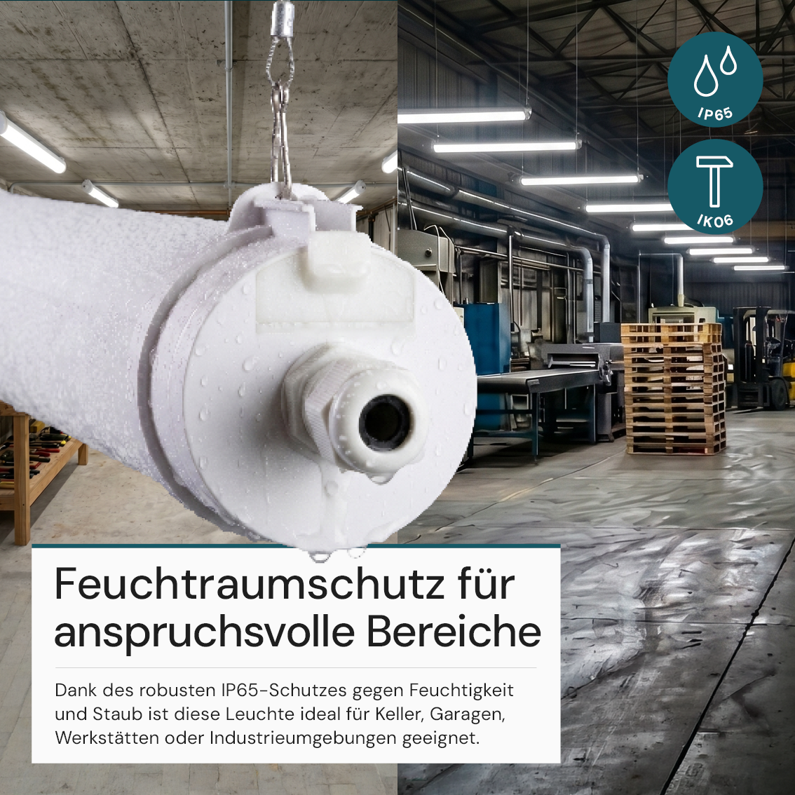 LED Feuchtraumleuchte, 120 cm, 40W-34W-28W einstellbar, max. 5558 lm, 3CCT,IP65, IK08, rund, durchschleifbar.