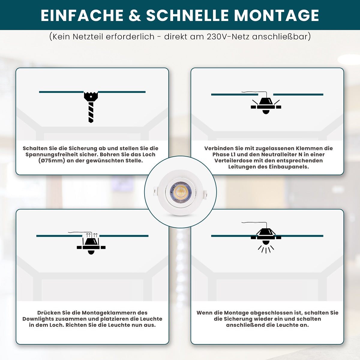 2er Set LED CCT Downlight schwenkbar, 7W, 718lm, 38°, IP44, 3000K-4000K-6000K einstellbar.