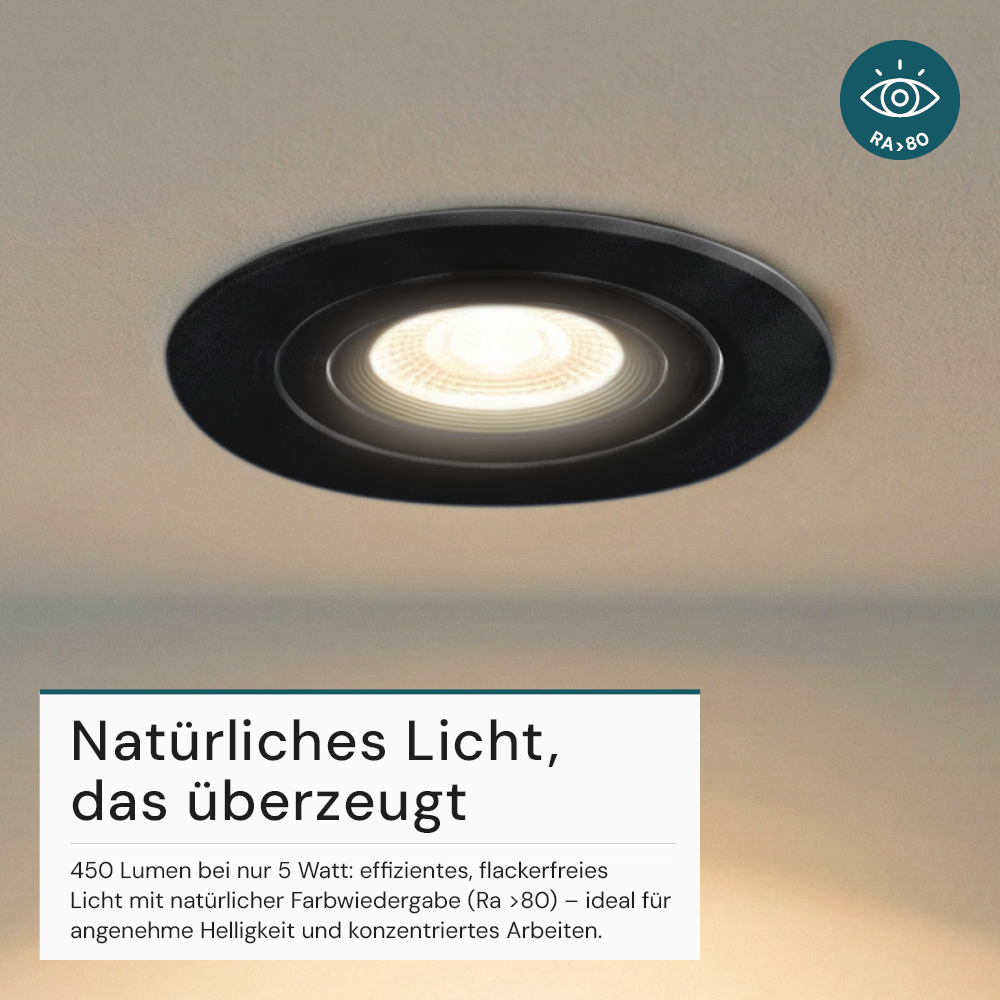 LED Downlight, schwenkbar, in Schwarz, 5 W, 450 lm, 3000 K (warmweiß), 38°, Einbaustrahler
