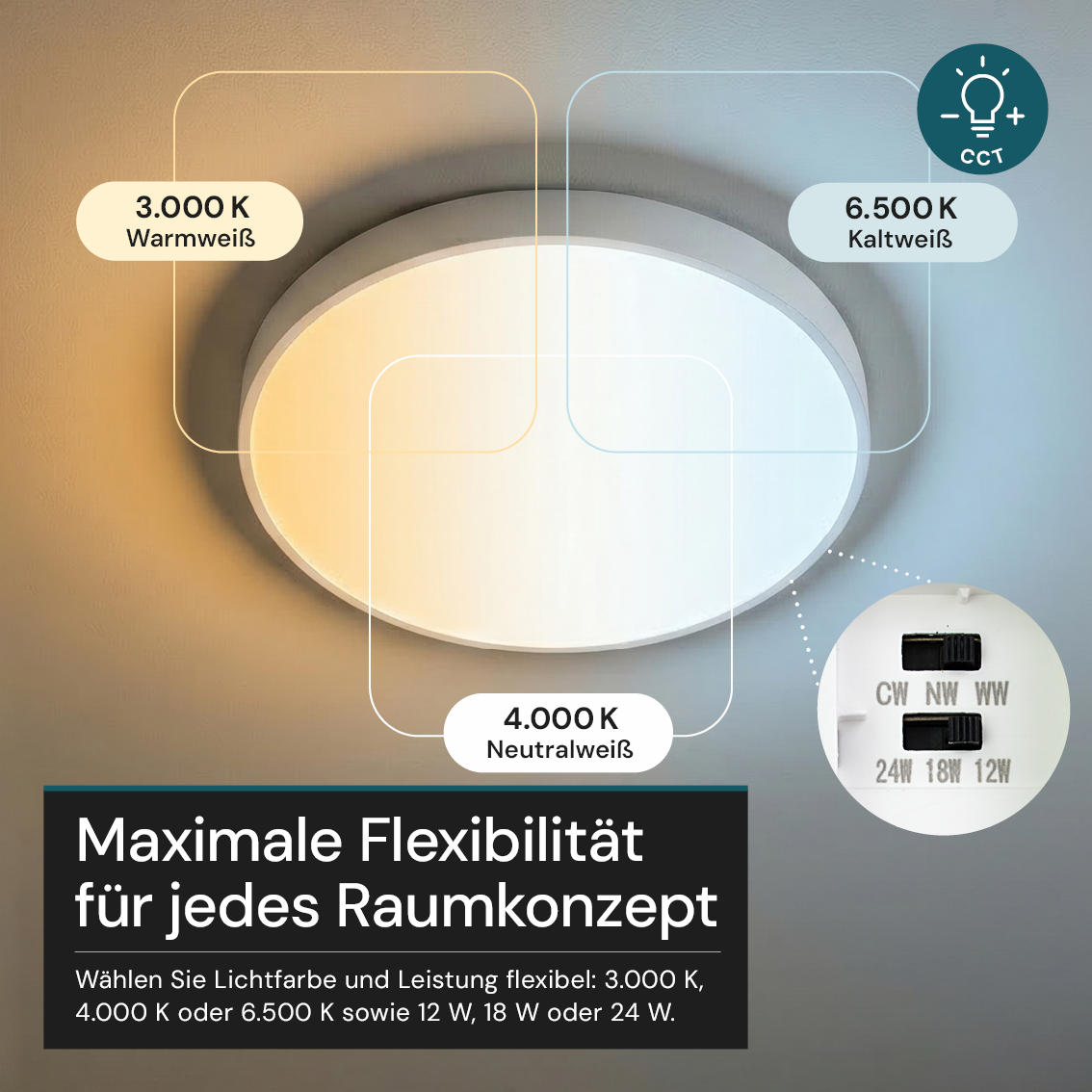 LED CCT Aufbauleuchte, 12-24 W, 2500 lm, Ø230 × 60 mm, 3000-4000-6500K, Klickmontage, Bewegungsmelder, rund