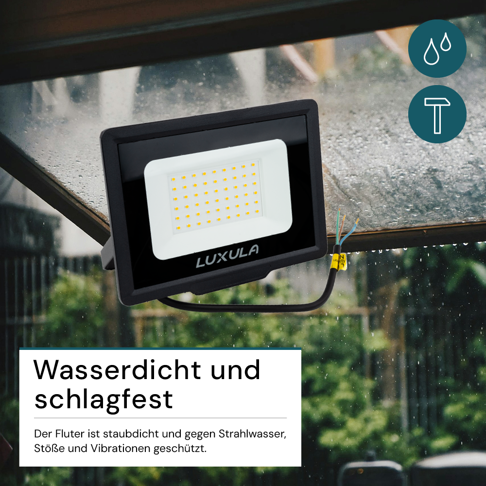LED-Fluter, 50 W, 3000 K (warmweiß), 5000 lm, schwarz, IP65.