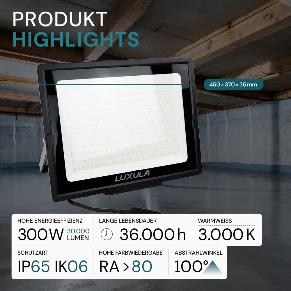LED-Fluter, 300 W, 3000 K (warmweiß), 30000 lm, schwarz, IP65.