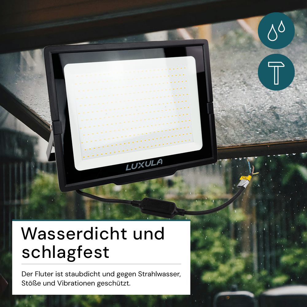LED-Fluter, 300 W, 3000 K (warmweiß), 30000 lm, schwarz, IP65.