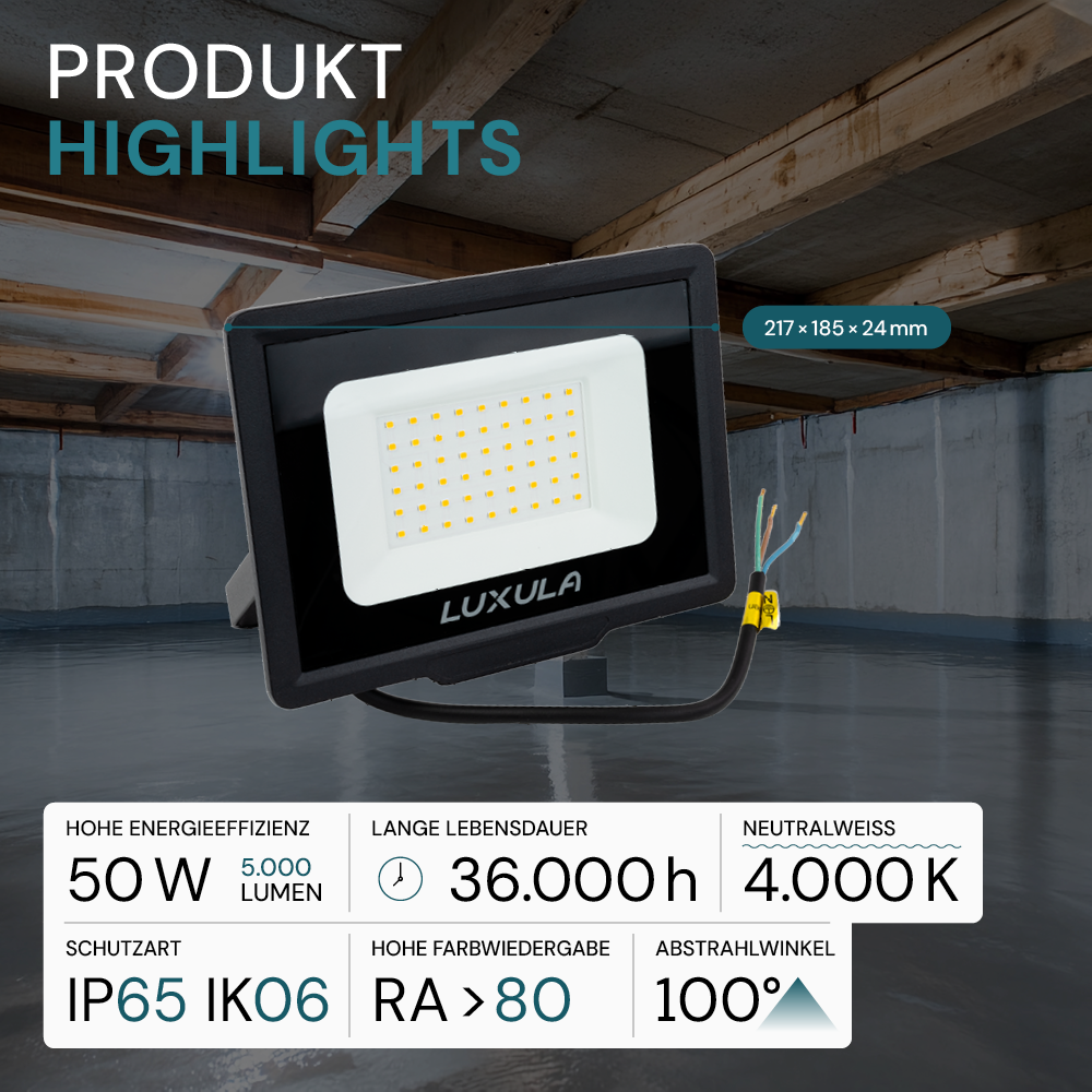 2er Pack LED-Fluter, 50 W, 4000 K (neutralweiß), 5000 lm, schwarz, IP65.