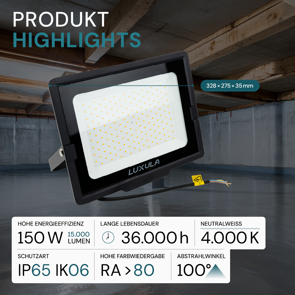 5er Pack LED-Fluter, 150 W, 4000 K (neutralweiß), 15000 lm, schwarz, IP65.