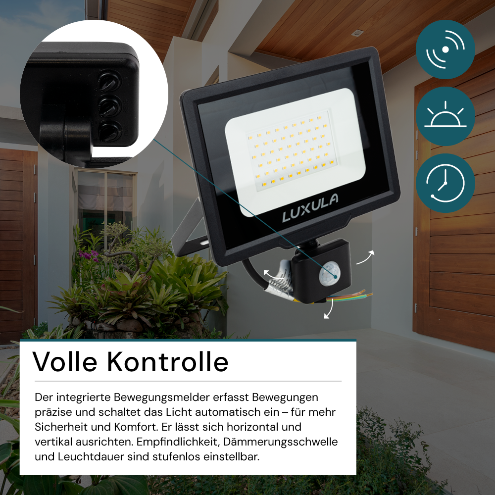 2er Pack LED-Fluter mit Bewegungsmelder, 50 W, 4000 K (neutralweiß), 5000 lm, schwarz, IP65.