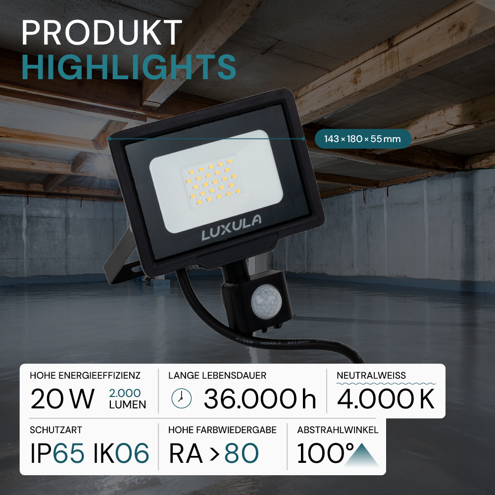LED-Fluter mit Bewegungsmelder, 20 W, 4000 K (neutralweiß), 2000 lm, schwarz, IP65.