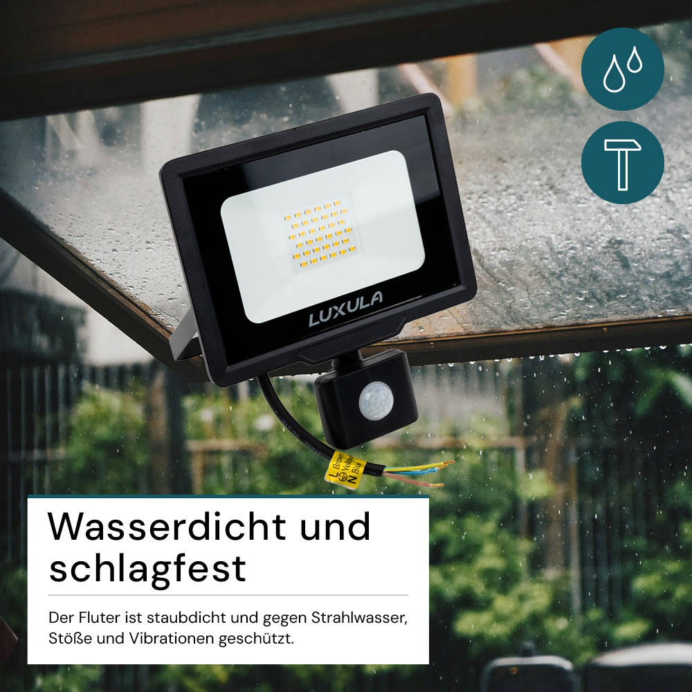 LED-Fluter mit Bewegungsmelder, 30 W, 4000 K (neutralweiß), 3000 lm, schwarz, IP65.