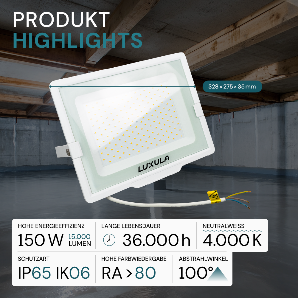 5er Pack LED-Fluter, 150 W, 4000 K (neutralweiß), 15000 lm, weiß, IP65.