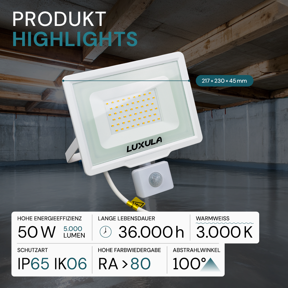 LED-Fluter mit Bewegungsmelder, 50 W, 3000 K (warmweiß), 5000 lm, weiß, IP65.