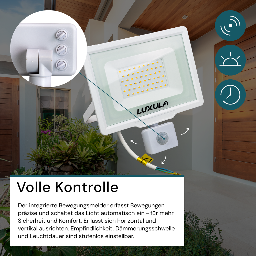 LED-Fluter mit Bewegungsmelder, 50 W, 4000 K (neutralweiß), 5000 lm, weiß, IP65.