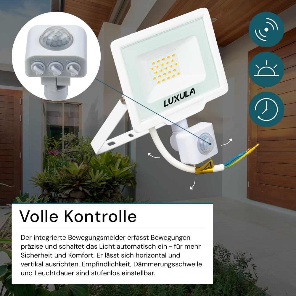 LED-Fluter mit Bewegungsmelder, 20 W, 4000 K (neutralweiß), 2000 lm, weiß, IP65.