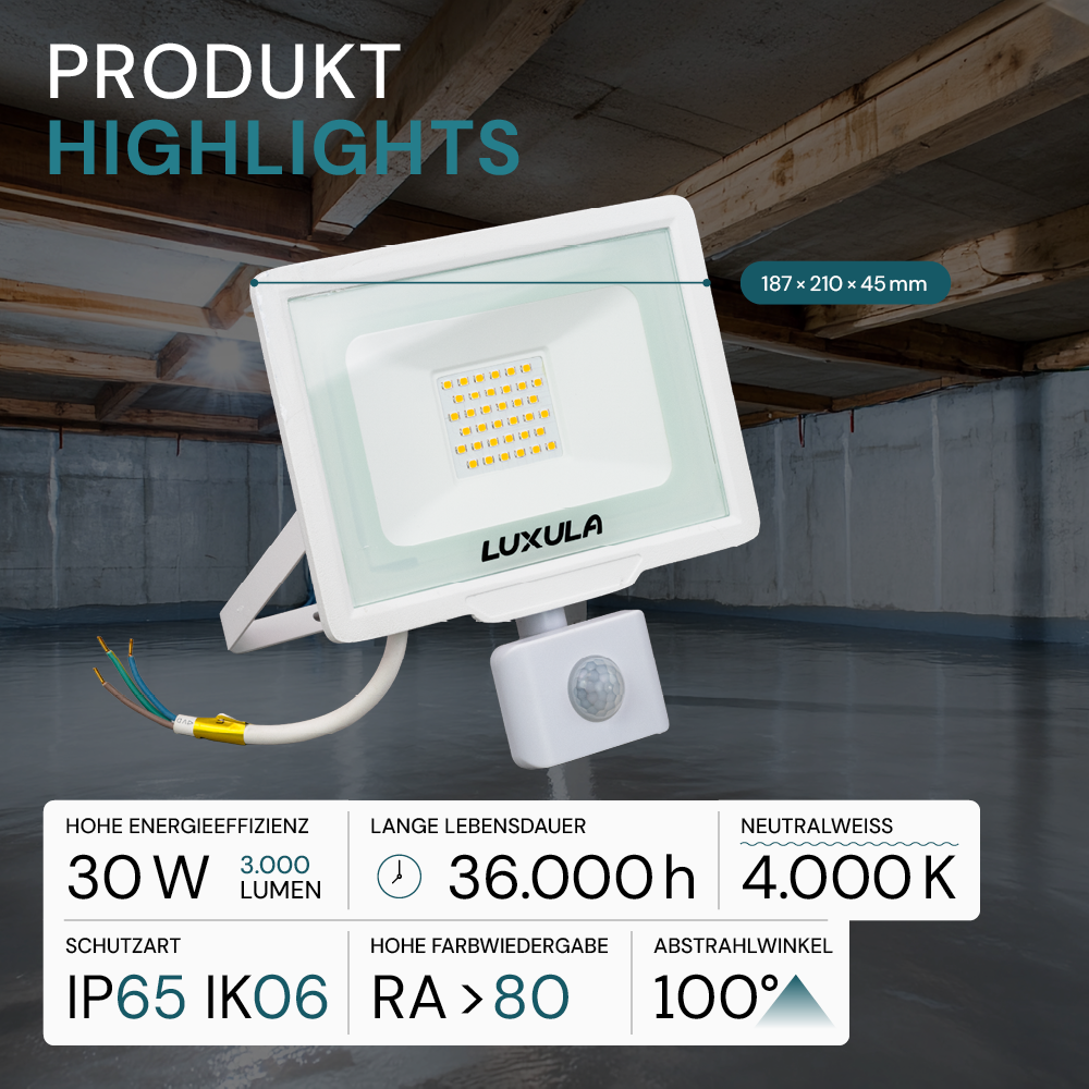LED-Fluter mit Bewegungsmelder, 30 W, 4000 K (neutralweiß), 3000 lm, weiß, IP65.