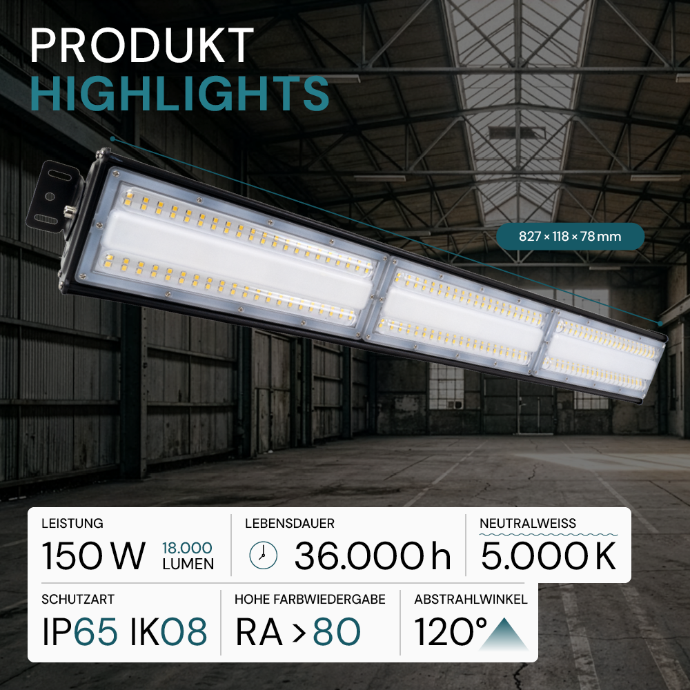 5er Pack LED-Hallenleuchte, linear, 150 W, 18000 lm, 5000 K (neutralweiß), IP65, EPISTAR LED, schwarz
