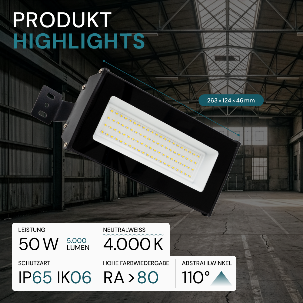 LED-Highbay linear, 50 W / 5000 lm (100 lm/W), 4000 K (neutralweiß), schlagfester LED Hallentiefstrahler IP65, schwarz