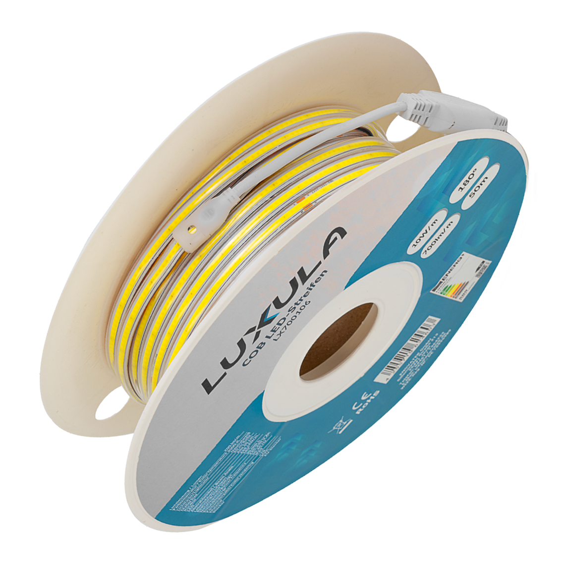 COB LED-Streifen, 50 m, 5000 K neutralweißes Licht, IP65-wassergeschützt, 288 LED/m, 220 V AC, EU-Stecker, 10 W/m, kürzbar und erweiterbar, Außen/Innen